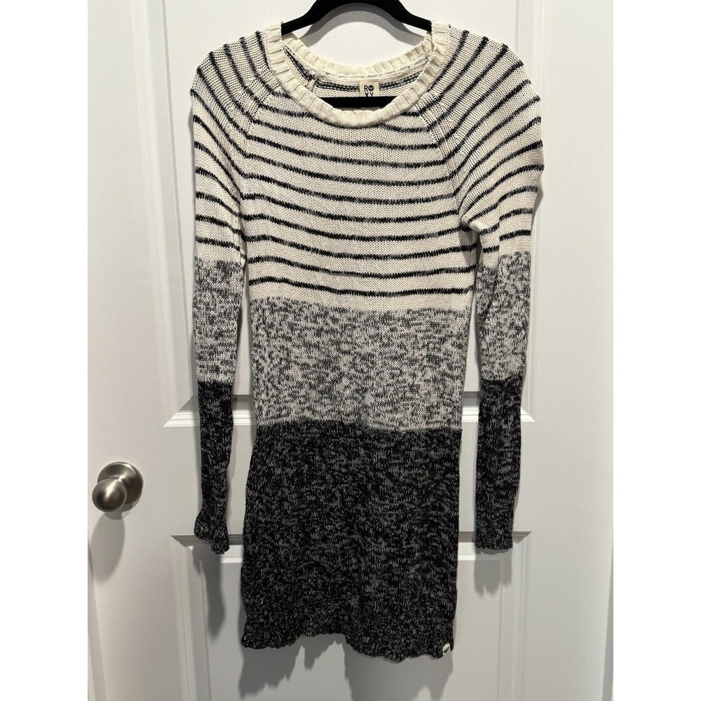Y2K Roxy Grey White Striped Sweater Small Knit Long Sleeve S Block Top Tunic